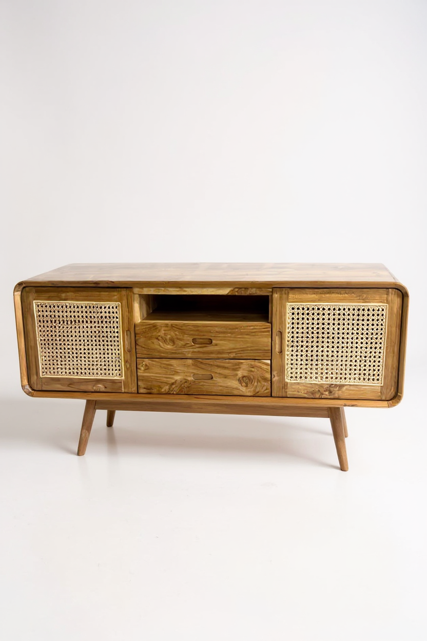 Rattan TV-Bank – Fernsehkommode Lowboard – Mit zwei Schubladen und drei Abstellflächen – Massiv Teakholz – 60x150x45 cm