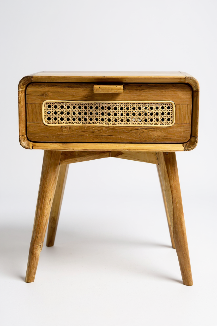 Rattan Beistelltisch – Nachttisch Ablagetisch Couchtisch – Stilvoll mit Schublade – Handgefertigter Vintage Look aus Teakholz – 60x50x40 cm