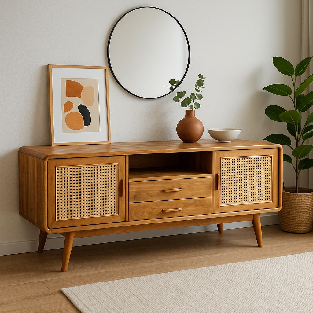 Rattan TV bench – TV cabinet lowboard – With two drawers and three shelves – Solid teak wood – 60x150x45 cm