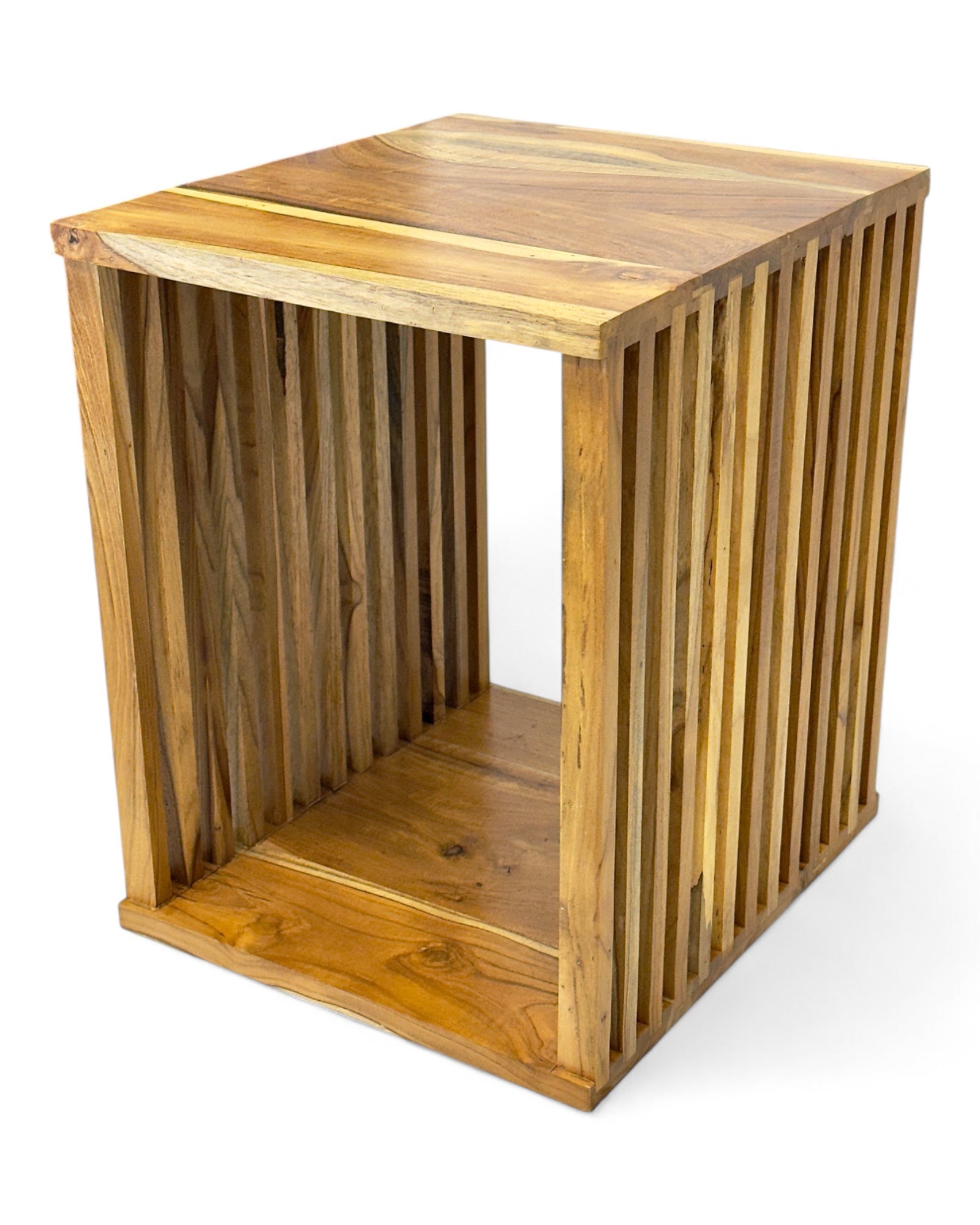 Teakholz-Beistelltisch - Holzhocker Couchtisch - Handgefertigt aus Massivholz – Holzleisten Würfel - 45x35x40 cm