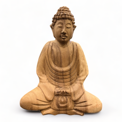 Statue de Bouddha - Décoration de chambre - Sculptée à la main - Bois de teck naturel - 15x12x8 cm