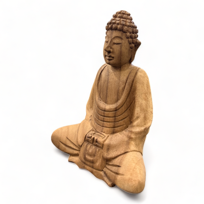 Statue de Bouddha - Décoration de chambre - Sculptée à la main - Bois de teck naturel - 15x12x8 cm