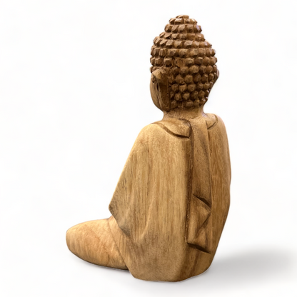 Statue de Bouddha - Décoration de chambre - Sculptée à la main - Bois de teck naturel - 15x12x8 cm
