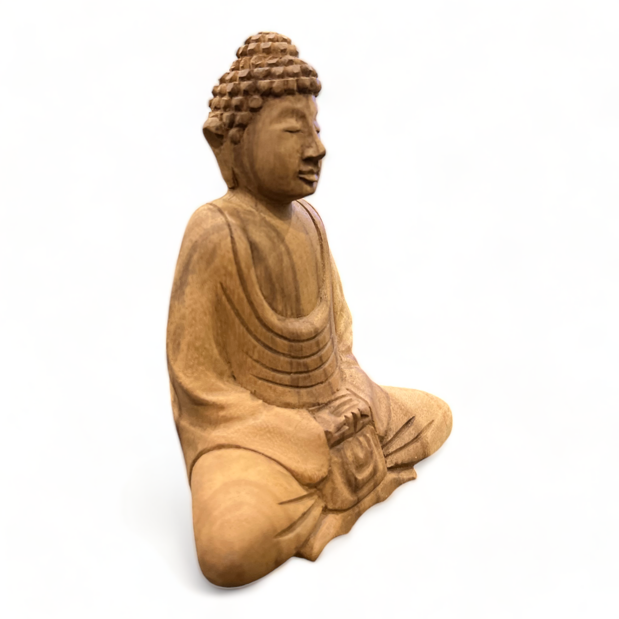 Statue de Bouddha - Décoration de chambre - Sculptée à la main - Bois de teck naturel - 15x12x8 cm