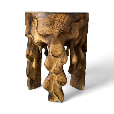 Flambéed wooden stool - side table, flower stool, storage table - unique, handmade - round, dripping, made of solid Suar wood - 45x35x35 cm
