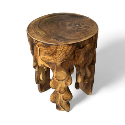 Flambéed wooden stool - side table, flower stool, storage table - unique, handmade - round, dripping, made of solid Suar wood - 45x35x35 cm
