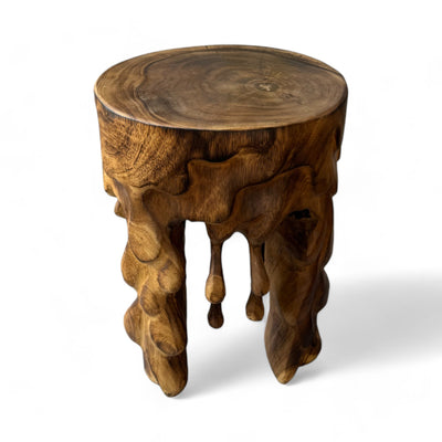 Flambéed wooden stool - side table, flower stool, storage table - unique, handmade - round, dripping, made of solid Suar wood - 45x35x35 cm