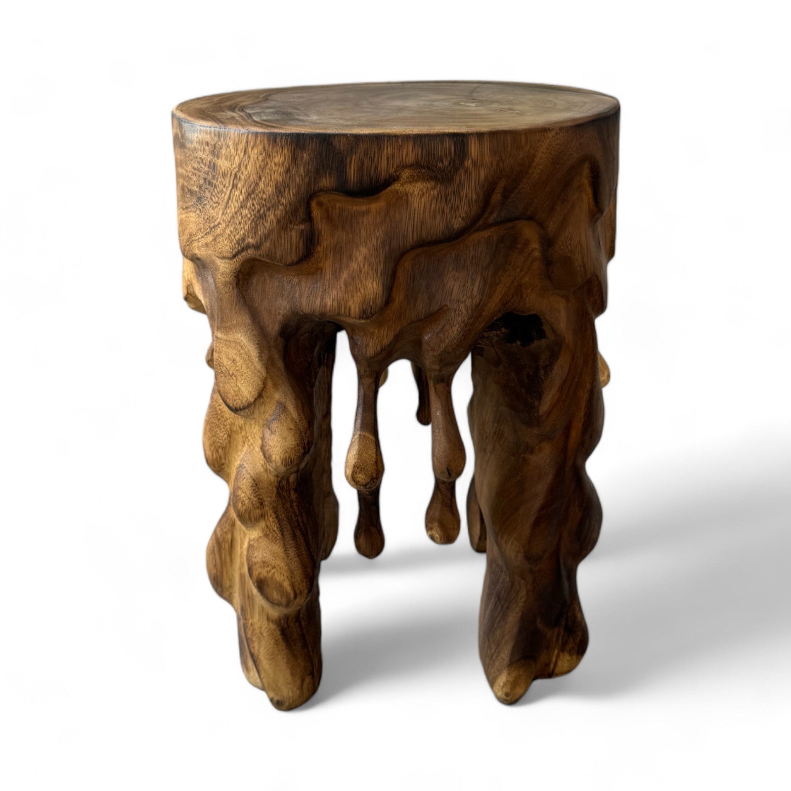 Flambierter Holzhocker - Beistelltisch Blumenhocker Ablagetisch - Unikat Handgefertigt  - Rund Tropfend aus massivem Suarholz- 45x35x35 cm