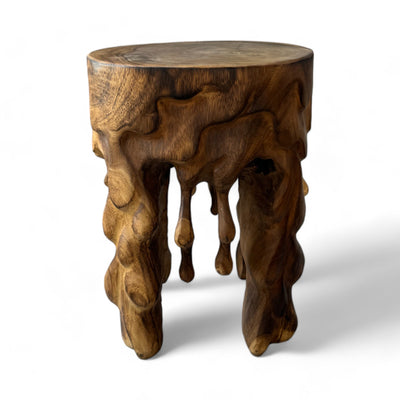 Flambéed wooden stool - side table, flower stool, storage table - unique, handmade - round, dripping, made of solid Suar wood - 45x35x35 cm