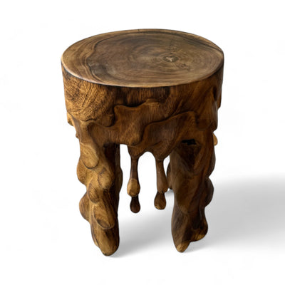 Flambéed wooden stool - side table, flower stool, storage table - unique, handmade - round, dripping, made of solid Suar wood - 45x35x35 cm
