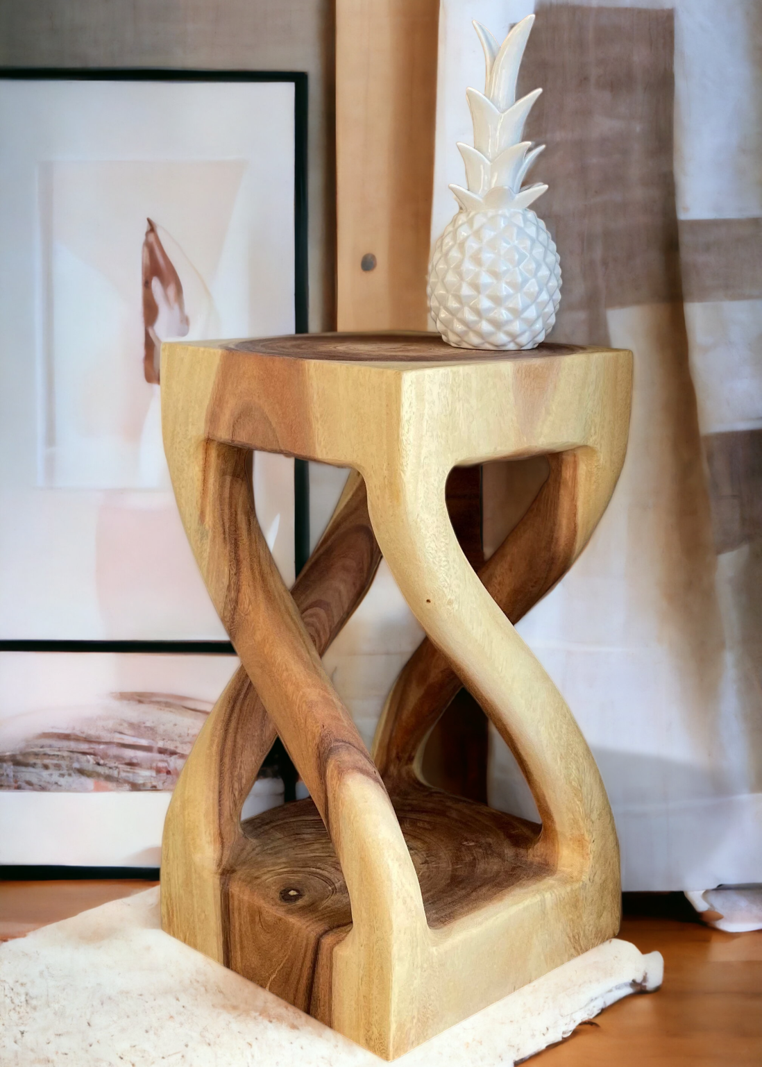 Wooden side table - wooden stool coffee table - handmade - turned from light solid suar wood - 50x28x28 cm