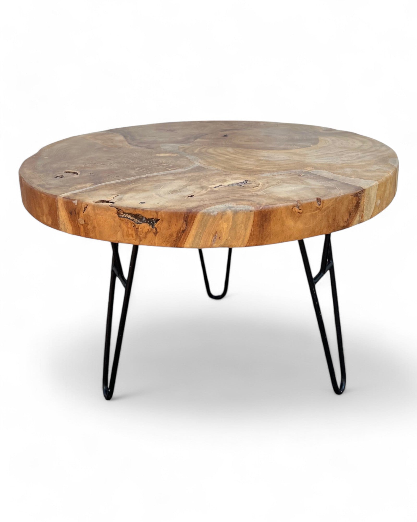 Wooden coffee table – side table – with three metal legs – round made of teak – 60x60x43 cm