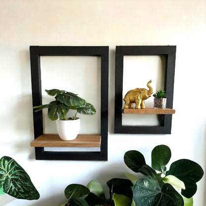 Wooden Hanging Shelf - Wall Shelf Storage Shelf - Modern Black Frame Natural Brown Storage Surface - Set of 2 - 60x40x2 &amp; 40x30x2 cm