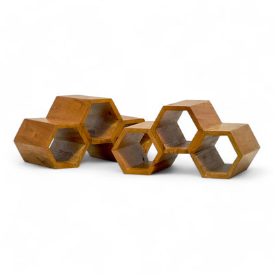 Holz Weinregal – Weinhalter Flaschenhalter - Küche Wohnzimmer Bar - Dekorative Honigwabenform – Aus Teakholz für 3 Flaschen – 18x34x18 cm - FaHome