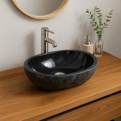 Lavabo en marbre – salle de bain WC invités salle d'eau – vasque à poser ovale en marbre noir - 15x45x30 cm