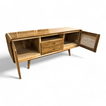 Rattan TV-Bank – Fernsehkommode Lowboard – Mit zwei Schubladen und drei Abstellflächen – Massiv Teakholz – 60x150x45 cm - FaHome