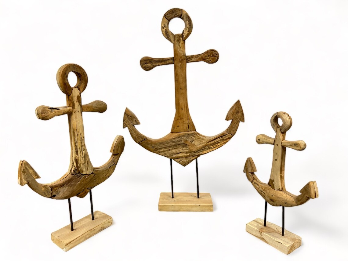 Teak anchor - Decorative sculpture - High-quality handmade craftsmanship - Standing on a plinth - 50, 75 and 100 cm high