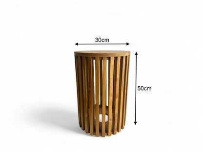 Table d'appoint en teck - table basse tabouret en bois - fabriquée à la main en bois massif - lattes de bois rondes - 50x30x30 cm