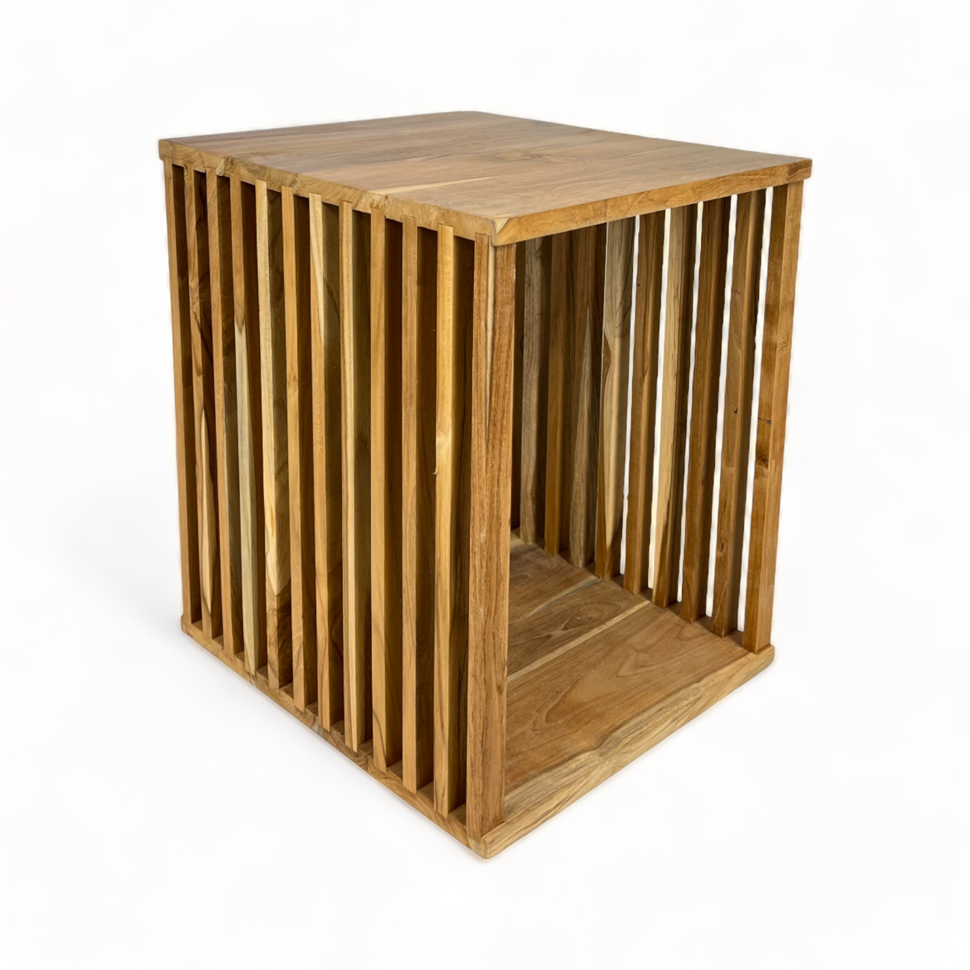 Teak side table - wooden stool coffee table - handmade from solid wood - wooden slats cube - 45x35x40 cm