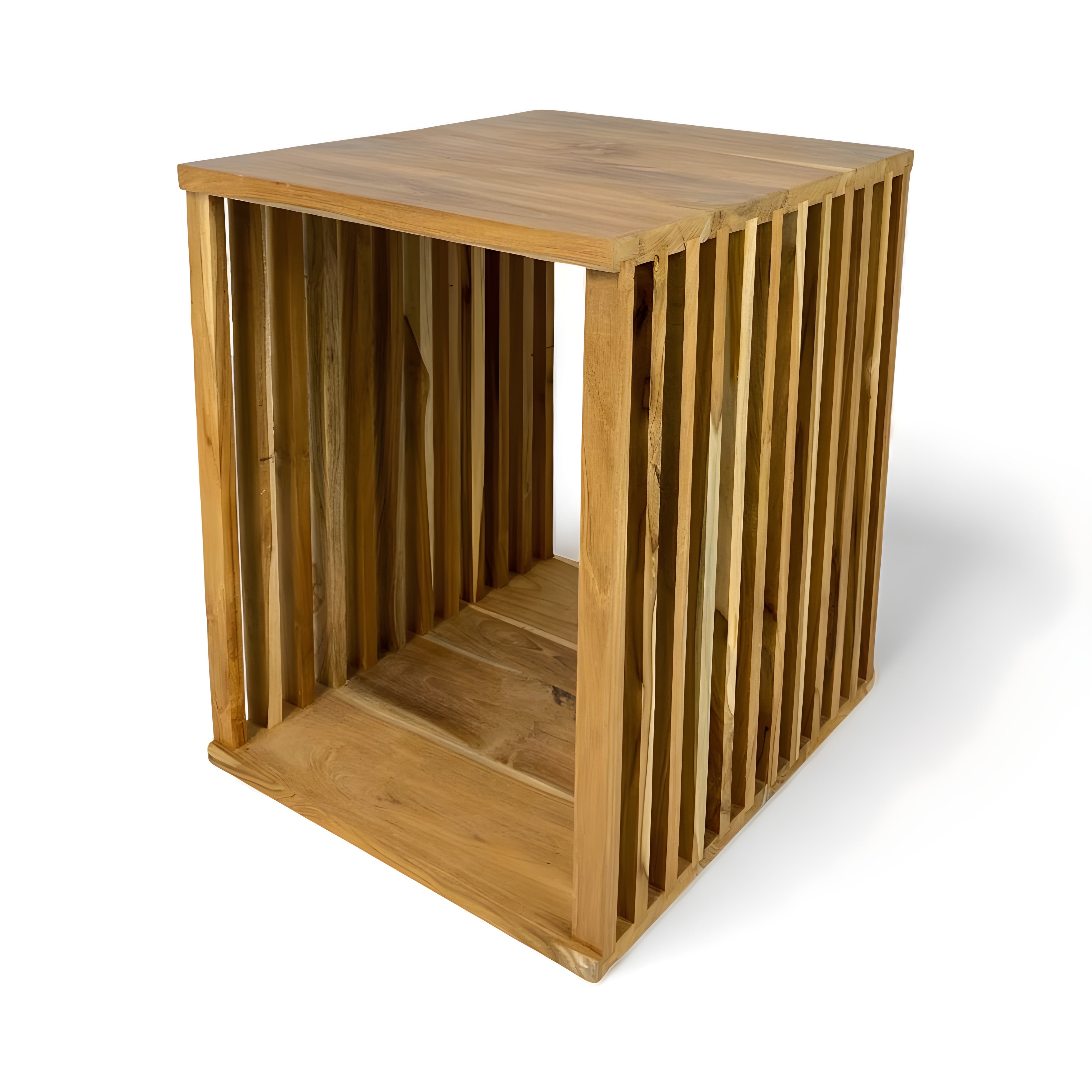 Teak side table - wooden stool coffee table - handmade from solid wood - wooden slats cube - 45x35x40 cm