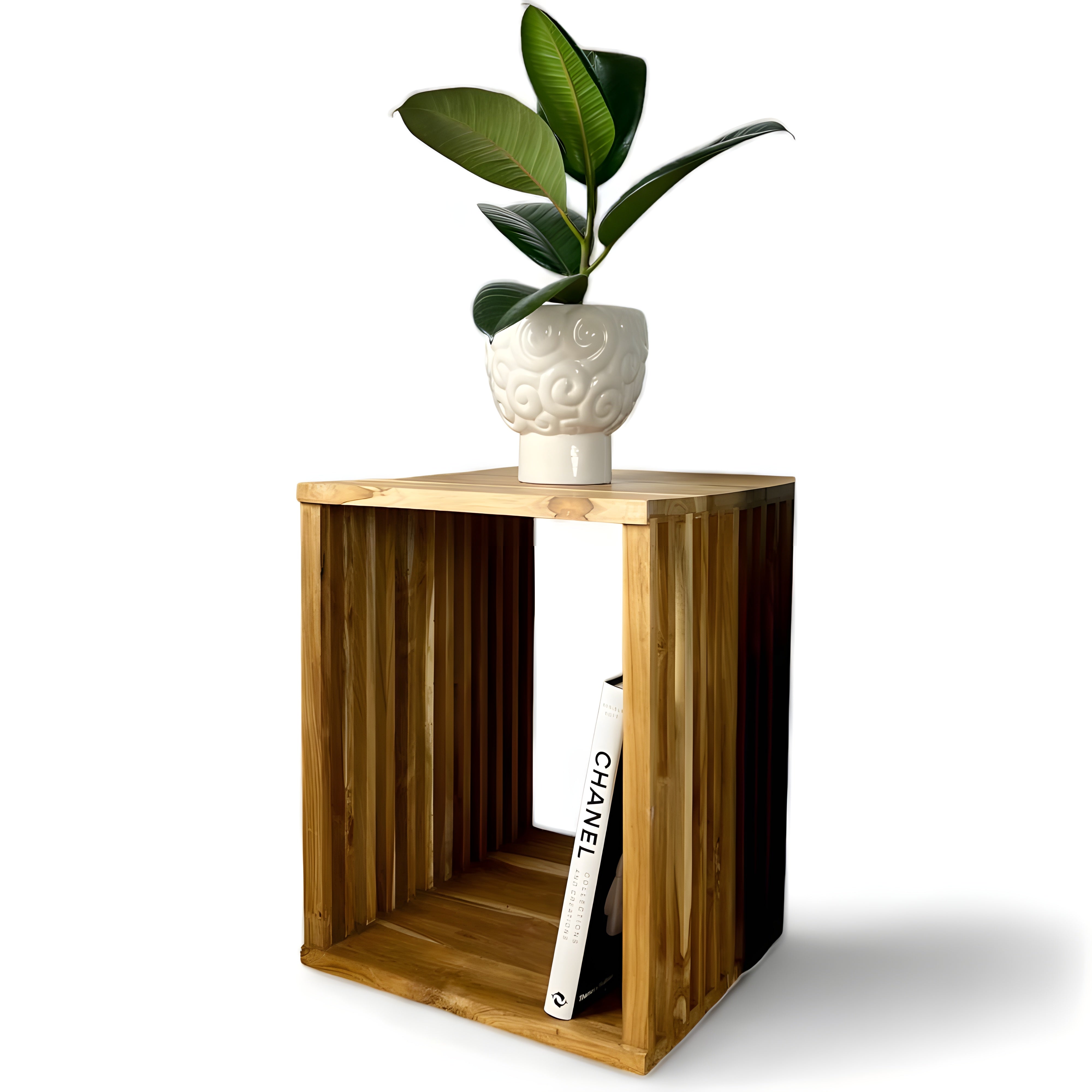 Teak side table - wooden stool coffee table - handmade from solid wood - wooden slats cube - 45x35x40 cm