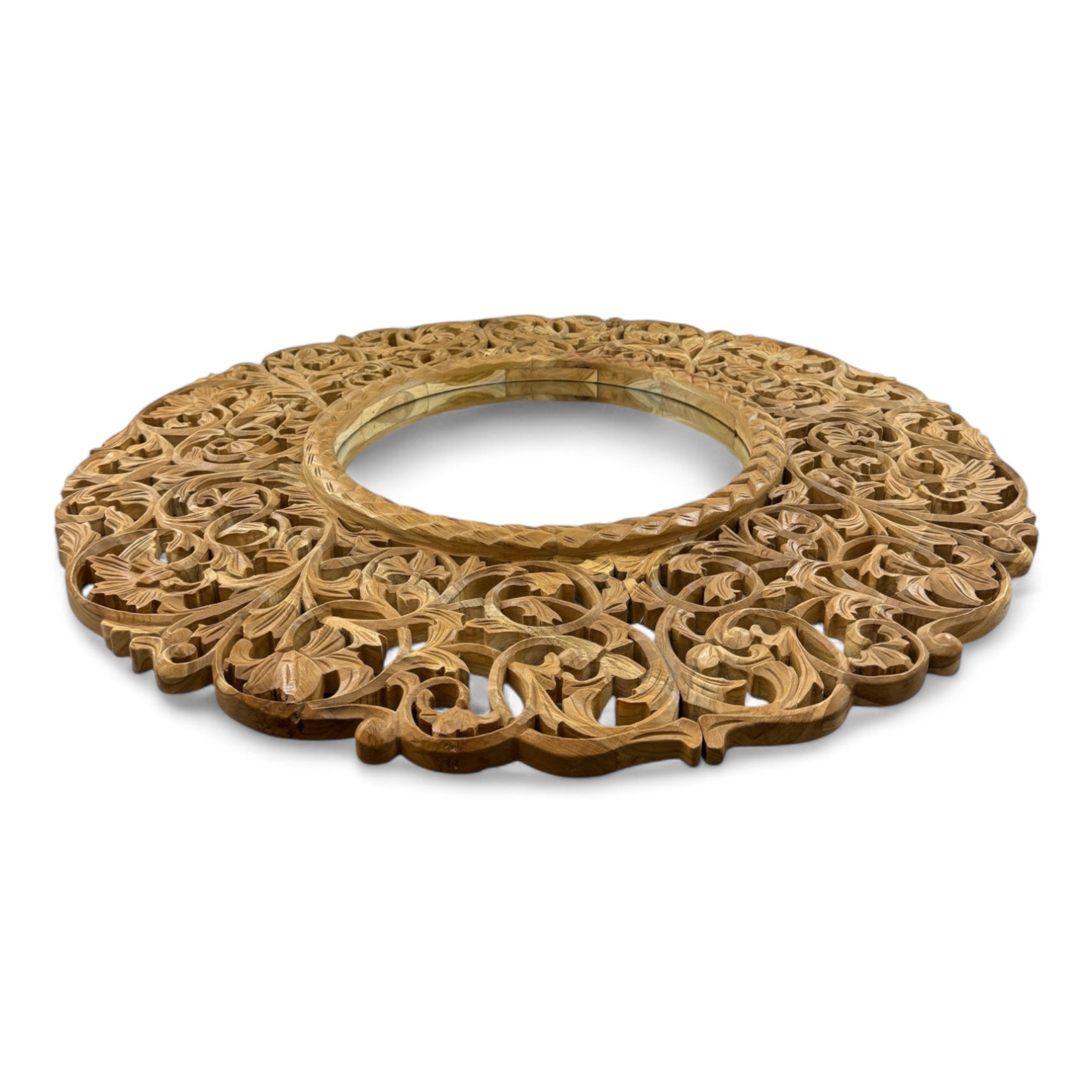 Teakholz Spiegel – Hängespiegel Wandspiegel – Handgeschnitzes Muster – 108 cm - FaHome