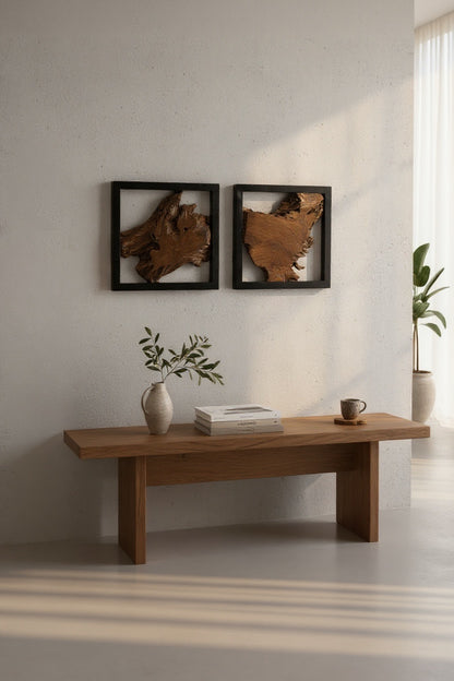 Wanddekoration aus Teakholz mit schwarzem Rahmen – handgefertigtes Massivholz Unikat - moderne Wandkunst aus Naturholz - 40x40x3,5 cm