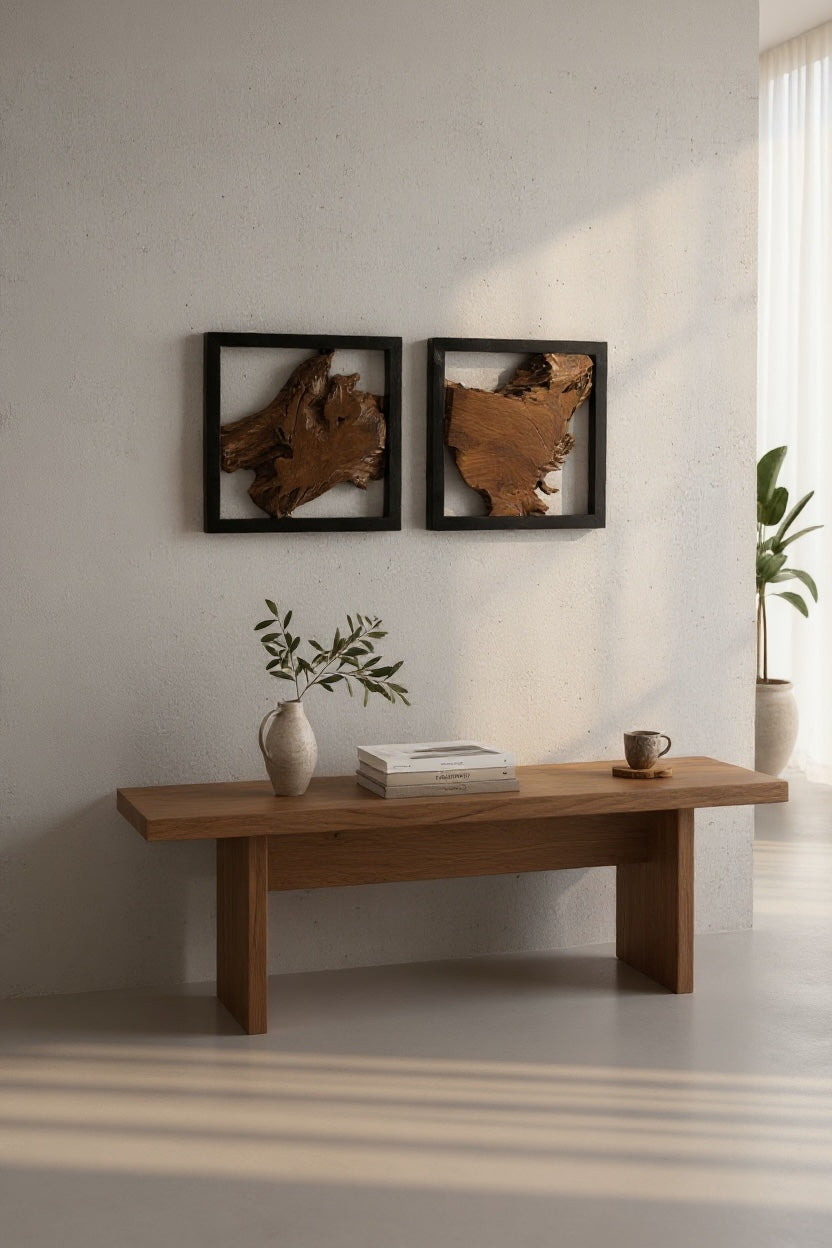 Wanddekoration aus Teakholz mit schwarzem Rahmen – handgefertigtes Massivholz Unikat - moderne Wandkunst aus Naturholz - 40x40x3,5 cm