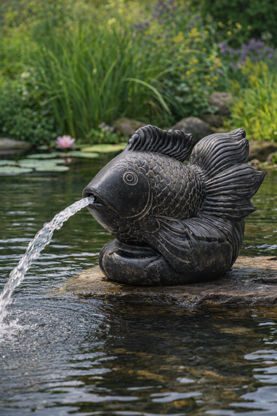 Koi Fish Fountain – Garden Terrace Pond Decoration – Weatherproof – Stone Figure Water Feature – 60 cm