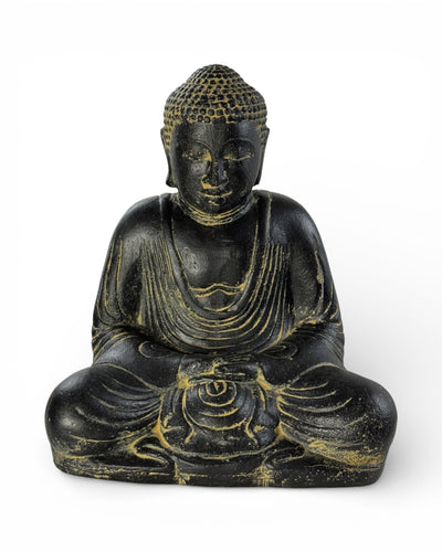 Sitting Buddha Sculpture - Garden Terrace Balcony Decoration - Weatherproof - Stone Figurine Meditation Black Gold - 30x26x20 cm