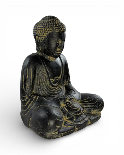Sitting Buddha Sculpture - Garden Terrace Balcony Decoration - Weatherproof - Stone Figurine Meditation Black Gold - 30x26x20 cm