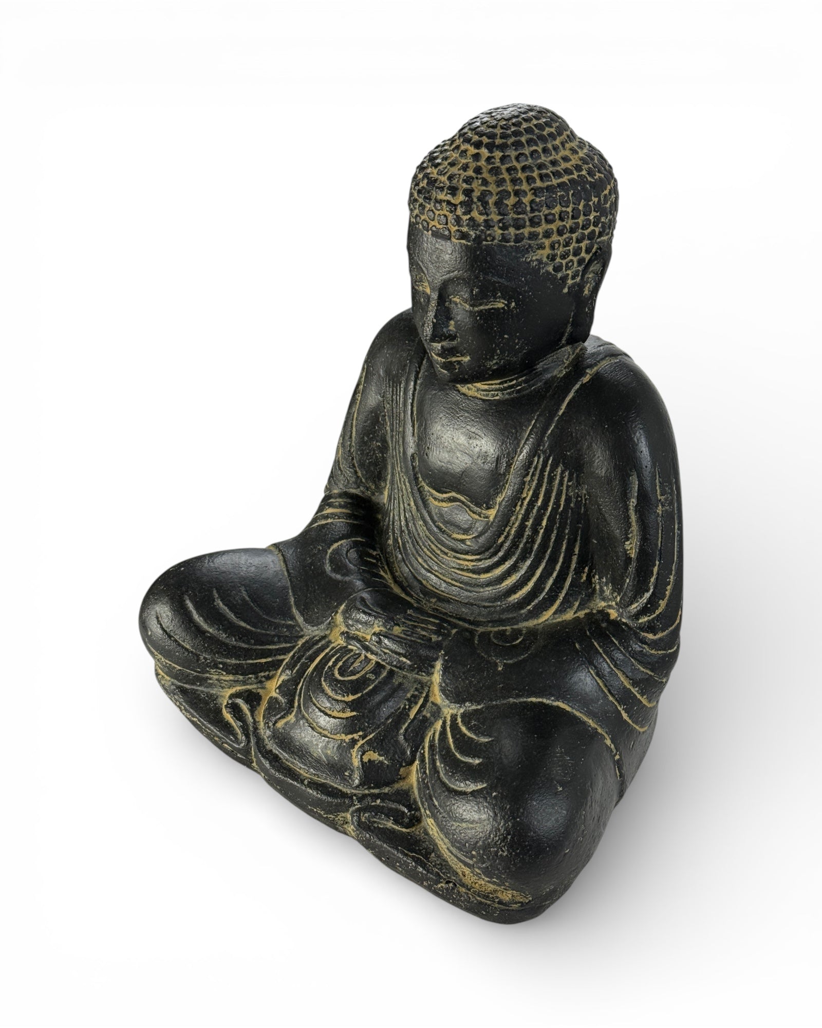Buddha Skulptur sitzend – Garten Terrasse Balkon Deko – Wetterfest – Stein Figur Meditation schwarz gold – 30x26x20 cm