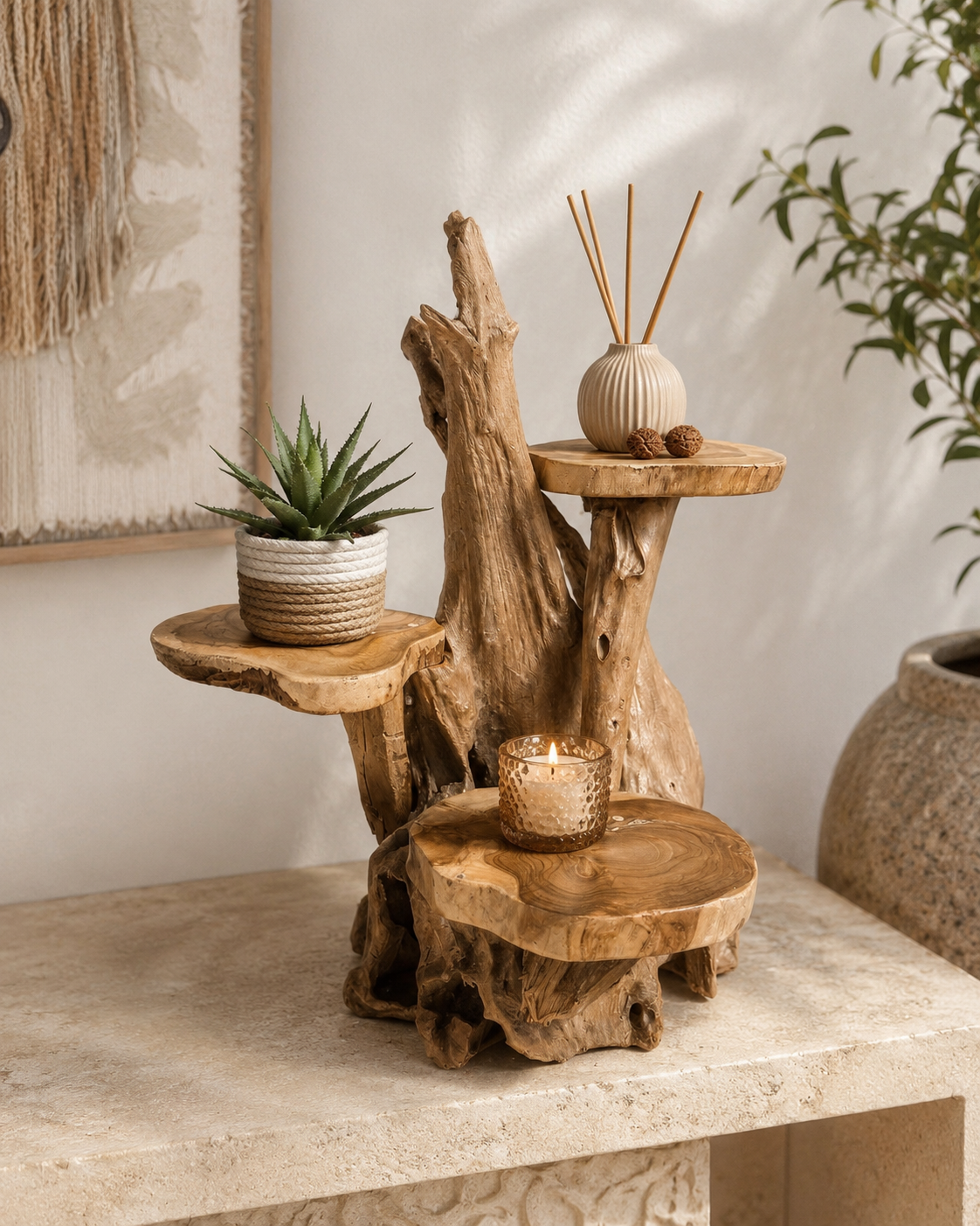 Teakholz Ablageregal - Pflanzenständer Skulptur - Handgefertigt - Natürliche Holzmaserung - 50x50x50 cm
