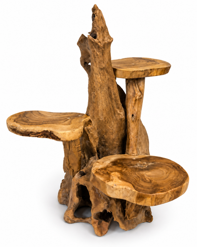 Teakholz Ablageregal - Pflanzenständer Skulptur - Handgefertigt - Natürliche Holzmaserung - 50x50x50 cm