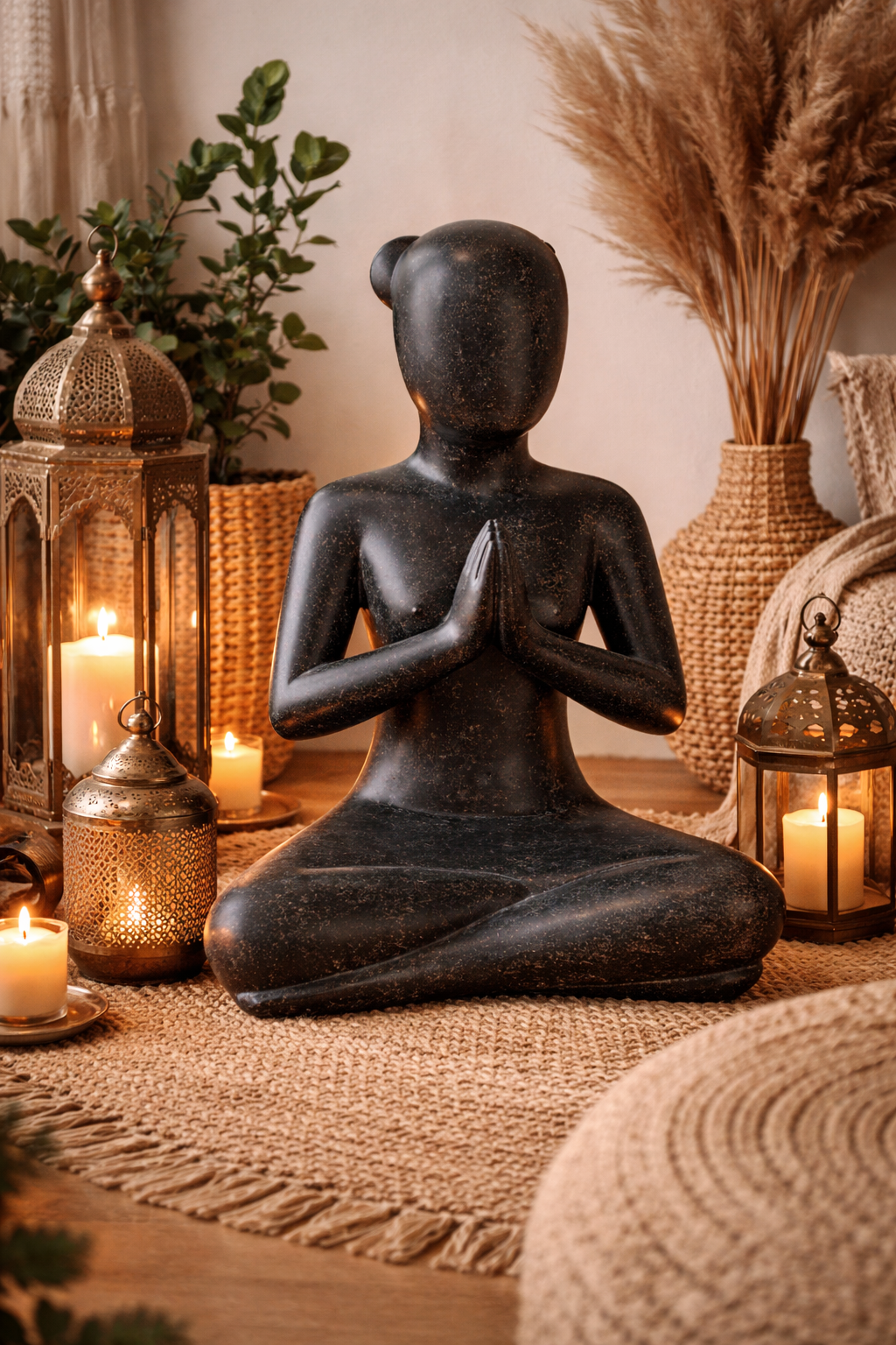 Yoga Figur sitzend Namaste – Wohnzimmer Studio Regal Deko – Wetterfest – Steinoptik Meditation Skulptur schwarz – in 2 Größen
