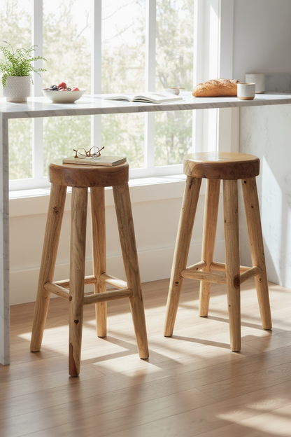 Solid wood bar stool – Handcrafted rustic wooden stool – Round seat for kitchen, bar &amp; dining area – 30x75 cm