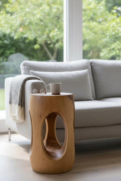 Wooden side table – coffee table flower stool – handmade – rounded with O-neck Suar wood – 50x30x30 cm