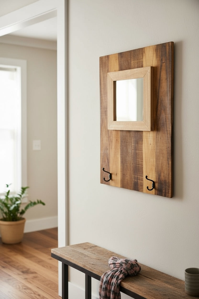 Wandgarderobe mit Spiegel - Integrierter Spiegel mit Zwei Haken – Modern aus Mahagoni und Teakholz – 70x50 cm