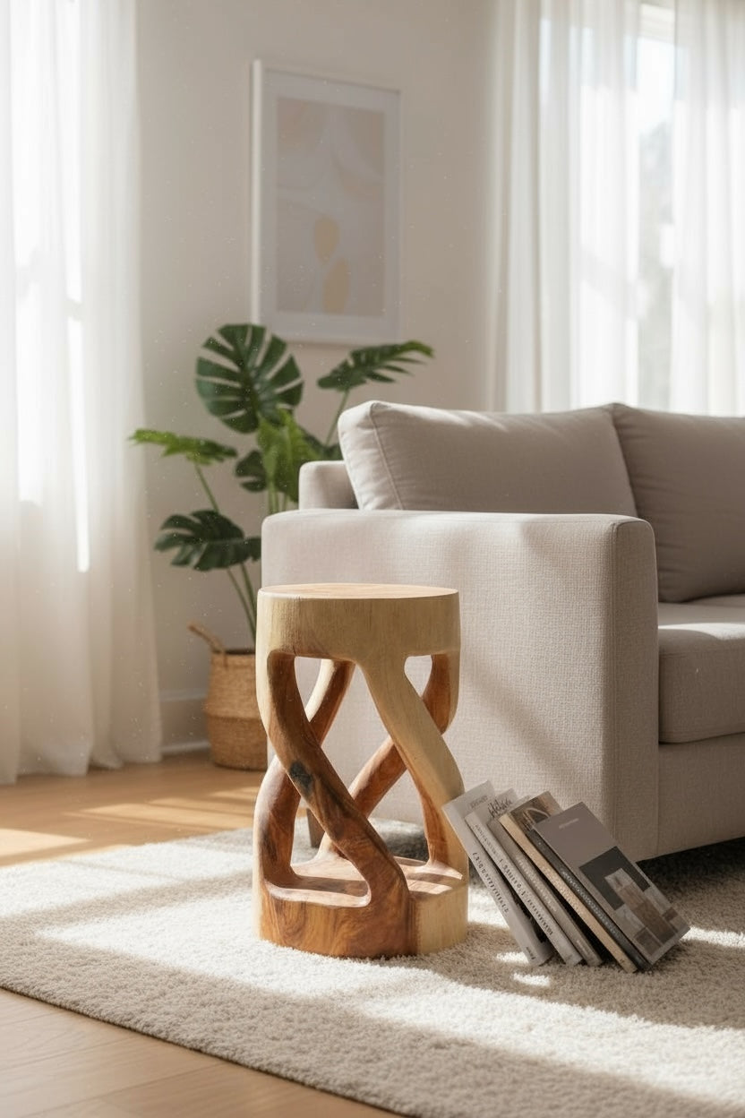 Tabouret en bois - table d'appoint, tabouret à fleurs, table de rangement - unique, fait main - rond, tourné en bois de Suar massif - 50x28x28 cm 