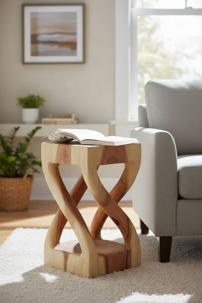 Holz Beistelltisch - Holzhocker Couchtisch - Handgefertigt - Gedreht aus hellen massivem Suarholz - 50x28x28 cm