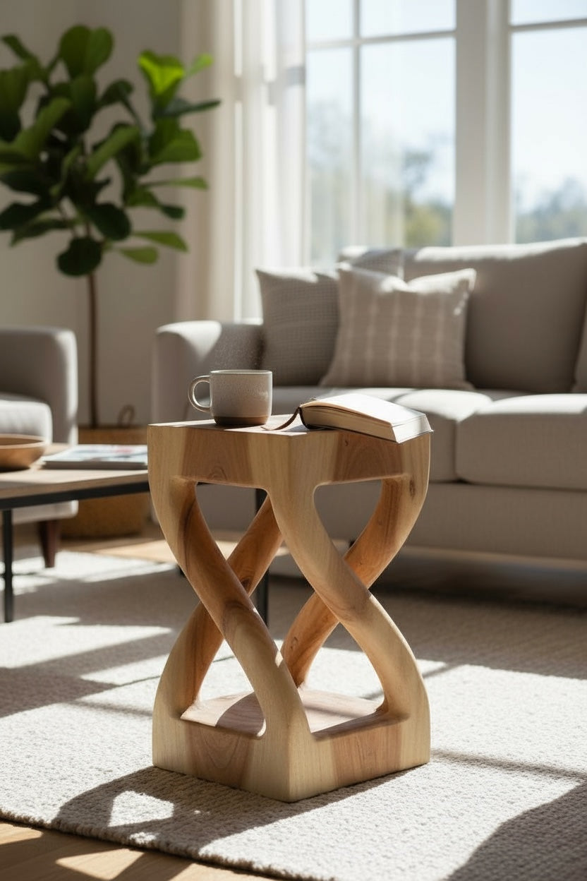 Table d'appoint en bois - table basse tabouret en bois - fait main - tourné en bois de suar massif clair - 50x28x28 cm