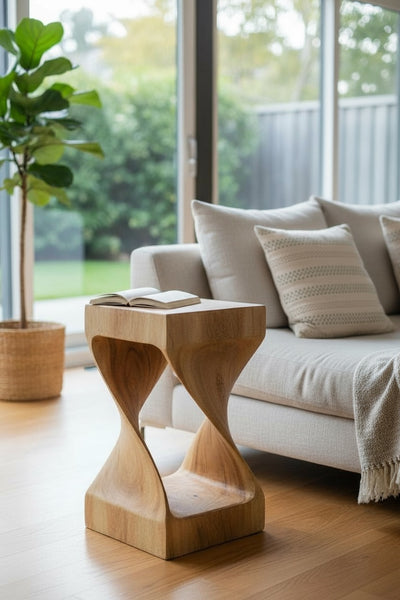 Holzhocker - Beistelltisch Blumenhocker Ablagetisch - Unikat Handgefertigt  - Gedreht aus massivem Samanholz - 50x28x28 cm