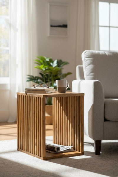 Teakholz-Beistelltisch - Holzhocker Couchtisch - Handgefertigt aus Massivholz – Holzleisten Würfel - 45x35x40 cm