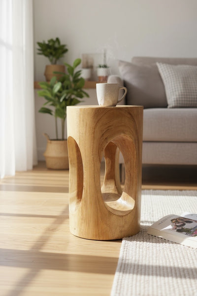 Wooden side table - wooden stool, flower stool, stool - handmade - round with O-neck, Saman wood - 50x30x30 cm