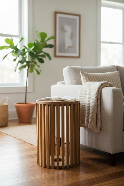 Table d'appoint en teck - table basse tabouret en bois - fabriquée à la main en bois massif - lattes de bois rondes - 50x30x30 cm