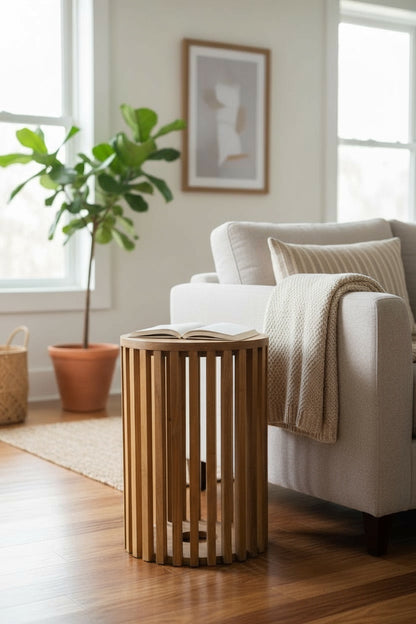 Table d'appoint en teck - table basse tabouret en bois - fabriquée à la main en bois massif - lattes de bois rondes - 50x30x30 cm