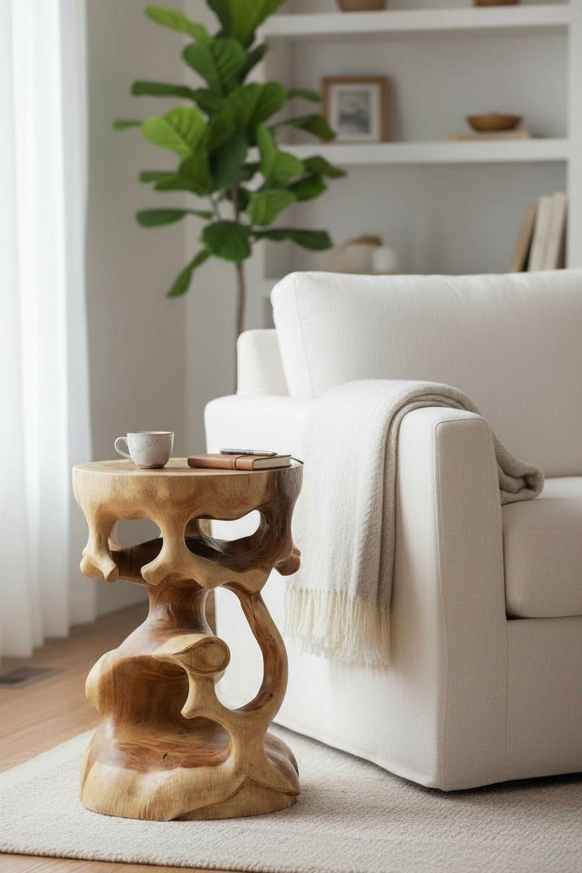 Table d'appoint en bois - tabouret en bois, tabouret à fleurs, tabouret - fait main - rond en style bonsaï, bois de Saman - 40x30x30 cm