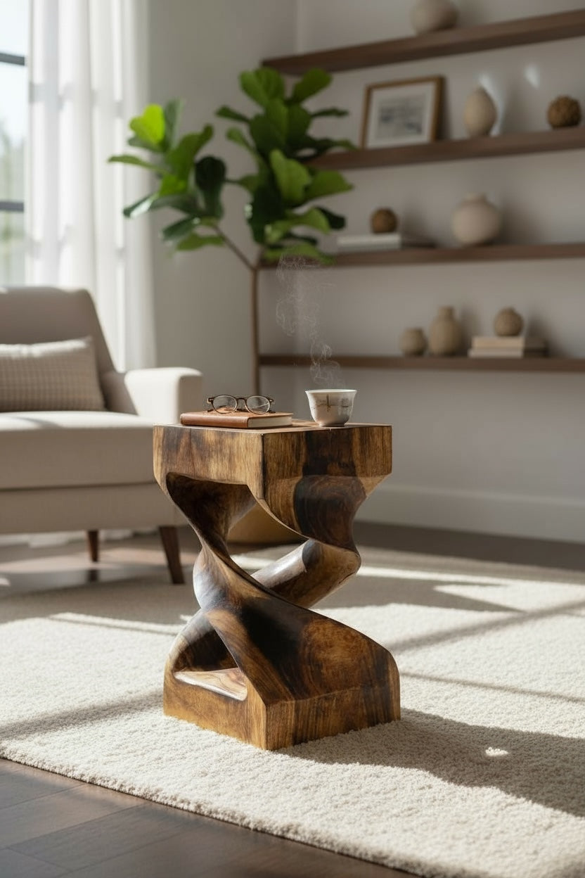 Table d'appoint en bois - table basse tabouret en bois - flammée artisanalement - tournée en bois de Suar massif - 50x28x28 cm 