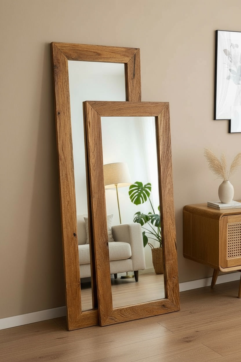 Miroir en teck – Penchez-vous, décorez, émerveillez-vous – Miroir carré sur pied massif – 120 et 150 x 50 cm