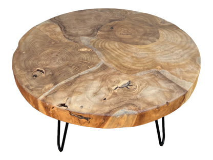 Holz Couchtisch – Beistelltisch Kaffeetisch – Mit drei Metallbeinen – Rund aus Teakholz – 60x60x43 cm